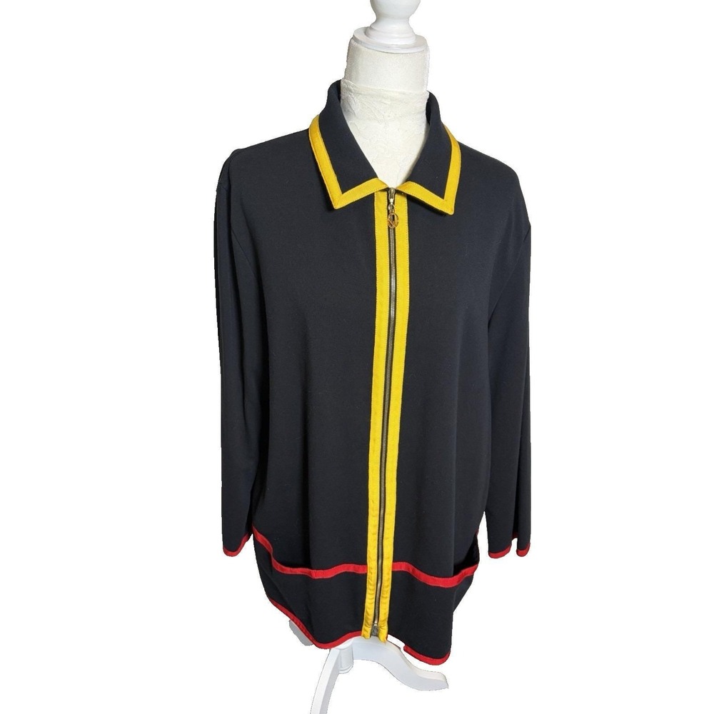 Vtg  ST JOHN Marie Gray Sport~ Black Cotton Knit Zip Jacket~L~Colorblock Ribbon